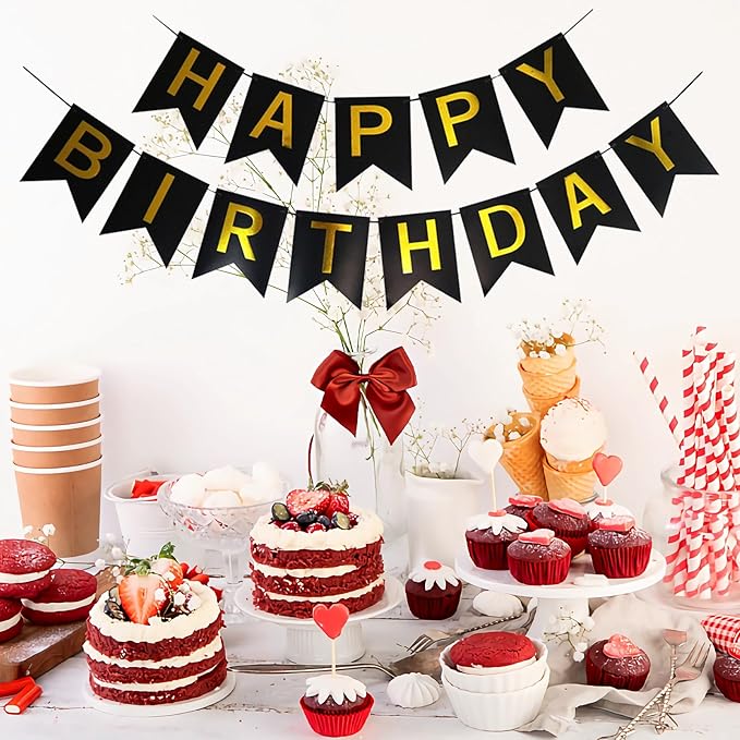 Happy Birthday Banner, Flag Bunting for Birthday Backdrop Decor, Happy Birthday Sign Party Supplies for Girls Boys Kids and Women Party Hanging Decor (Black&Gold)