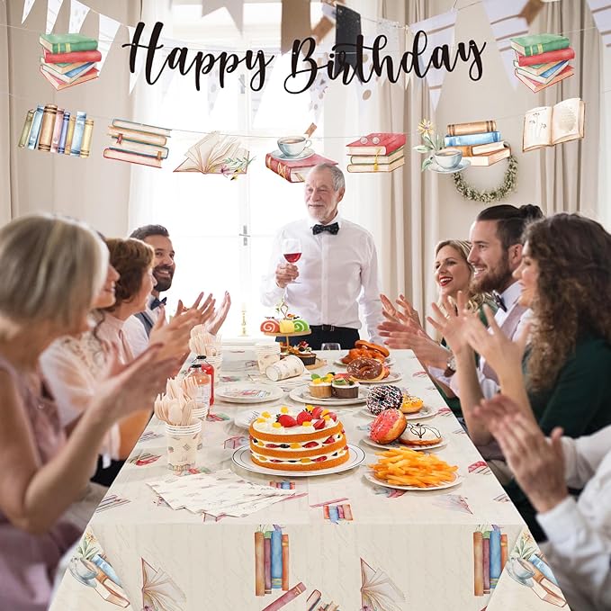 Zhehao 172 Pcs Book Themed Birthday Decorations 24 Set Book Birthday Party Tableware Included Disposable Tablecloths Plates Cups Napkins Banners Cutlery for Library Reading Storybook Party Decor