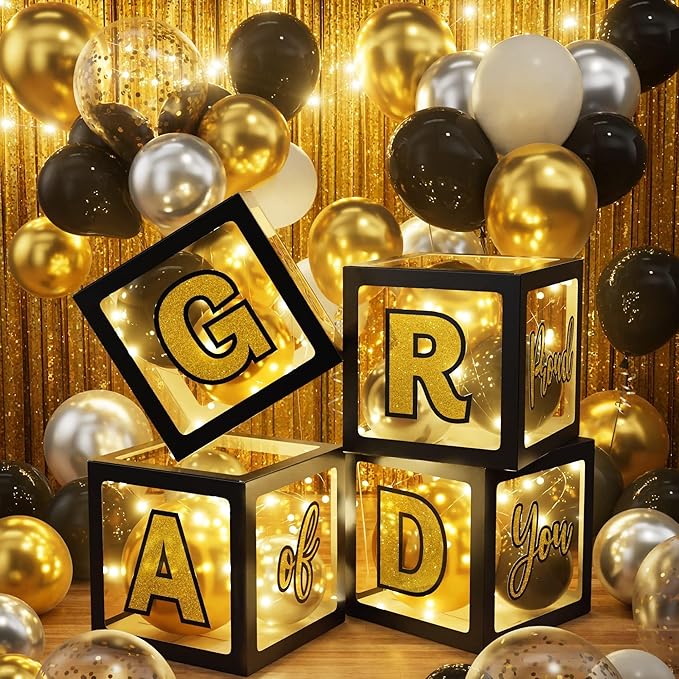 Graduation Party Decoration Class of 2026, 86PCS Black & Gold Graduation Party Supplies High School College Grad Balloon Boxes with Letter, Foil Curtains, LED String Light, Balloon Garland Kit