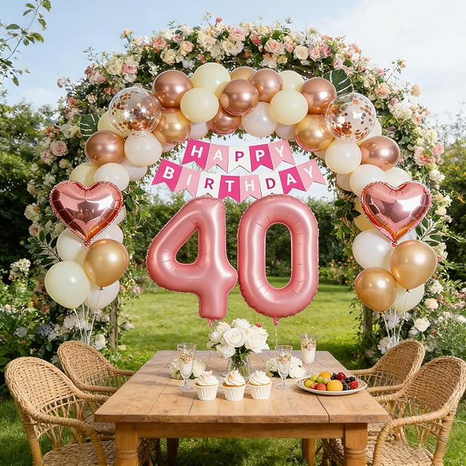 40th Birthday Decorations for Women, Rose Gold and Pink Party Supplies Set with Happy 40th Banner, Number 40 Balloon and Foil Fringe Curtains, 40 Year Old Kit