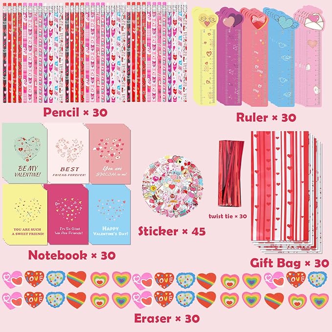 30 Pack Valentines Day Gifts for Kids Classroom Valentines Stationery Set - Valentine Pencils Notepads Rulers Erasers Valentines Treat Bags Party Favors for Kids