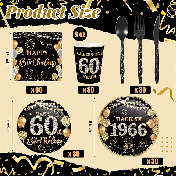 240 Pcs 60th Birthday Decorations 1966 Birthday Party Tableware Include Plates Napkins 9oz Cups Cutlery 60th Anniversary Party Supplies for Men Women Him Her, Serve 30 Guests (Black Gold)