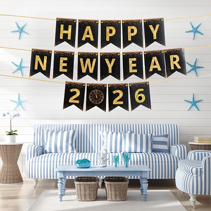 Happy New Year Banner,New Years Eve Party Supplies 2026, No DIY, Black Gold Happy New Year Banner for Outdoor Indoor Home Party Decorations