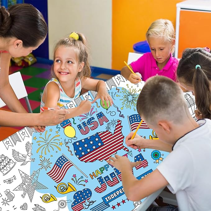 4th of July Giant Coloring Tablecloth,Patriotic Giant Poster 30x72 for Independence Day, Decor American Flag Poster TableCover,Kids Art Crafts Coloring for Classroom School Party Tablecloth