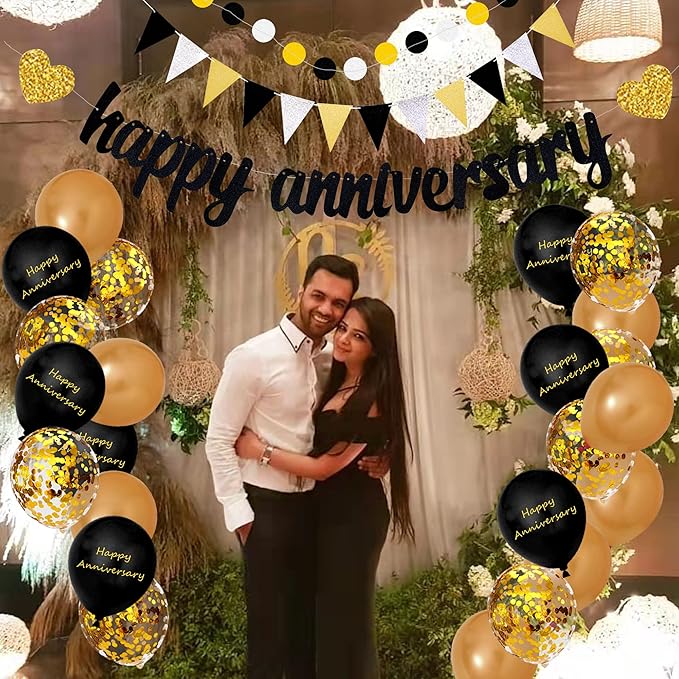 Happy Anniversary Decorations, Glitter Gold Black Happy Wedding Decorations Sets with Banner, Cake Topper, Glitter Hanging and Balloons for All Ages' Anniversary Party Decorations