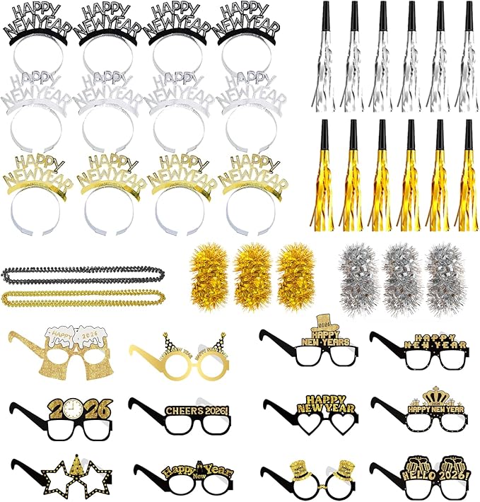 New Years Eve Party Supplies 2026 – 48 PCS Celebration Kit with Headbands, Glasses, Necklaces, Noise Makers& Wristbands – Gold Silver Happy New Year Decorations