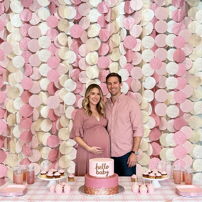 205 Ft Dusty Rose Pink Party Decorations Dusty Pink Khaki Beige Circle Dot Backdrop Garland Tissue Paper Polka Dots Hanging Streamer for Girl Baby Shower Birthday Wedding Bridal Shower Party Supplies