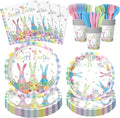 112PCS Happy Easter Plates and Napkins Forks Sets - Disposable Spring Flowers Paper Plates Set Colorful Eggs Themed Round Tableware for Easter Party Supplies Favors Table Decor(Serves 16)