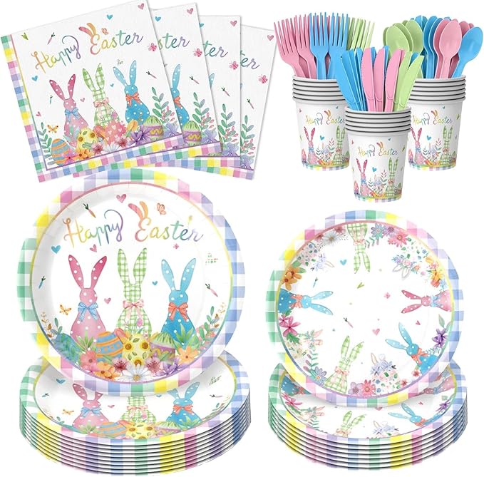 112PCS Happy Easter Plates and Napkins Forks Sets - Disposable Spring Flowers Paper Plates Set Colorful Eggs Themed Round Tableware for Easter Party Supplies Favors Table Decor(Serves 16)