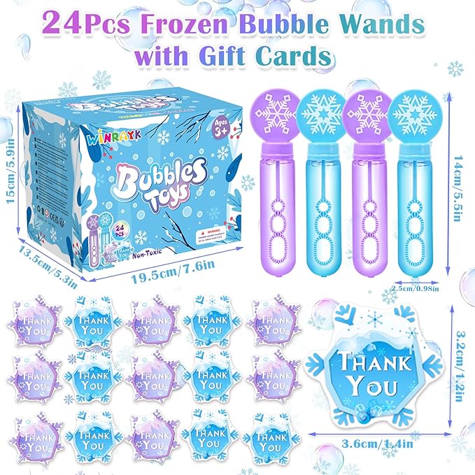 Winrayk 24 Large Snowflake Bubble Wands with Gift Card, Frozen Party Favors for Kids Bubbles Bulk, Winter Christmas Birthday Gift Pinata Filler Goodie Bag Stuffer Boys Girls Valentines Classroom Prize