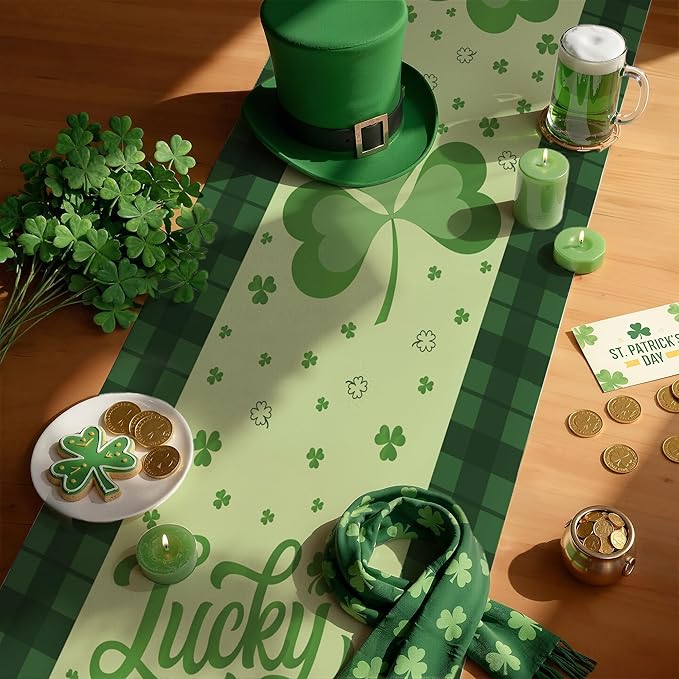 St Patricks Day Decorations - Shamrock Table Runner | St Patrick's Day Party Favors Supplies Decor Indoor Outdoor - Spring Saint Patricks Table Cloth Banner for Home Kitchen Dining Table Decorations