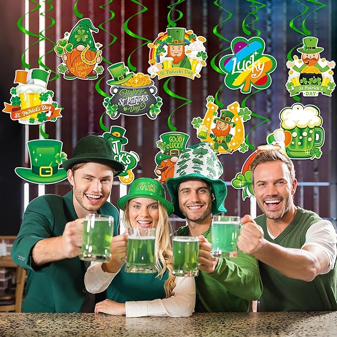 St-Saint Patricks-Day Party Decorations Garland Streamers - 12Pcs Green Banner Decor Shamrock Gonme Hat Hanging Swirl,Baby Shower Birthday Irish Lucky Party Supplies Hugtmr