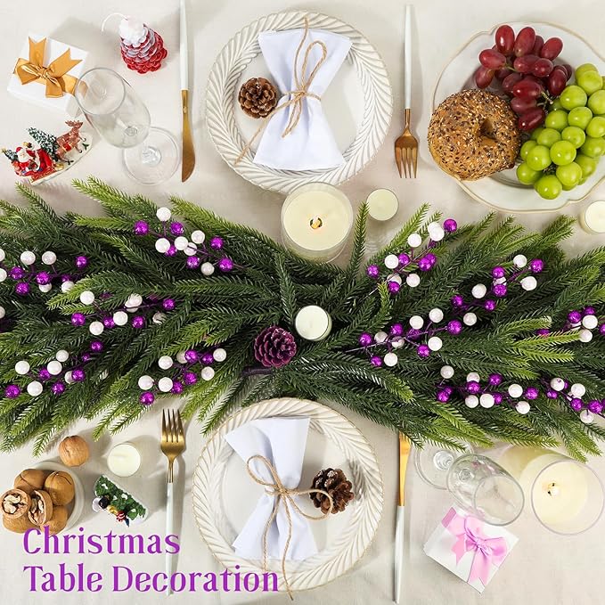 HOHOTIME 24 Pack Artificial Berry Stems Branches, Christmas Faux Purple White Holly Colorful Berries Branches Ornaments for Christmas Tree Wreath DIY Craft Decorations Holiday Home Decor