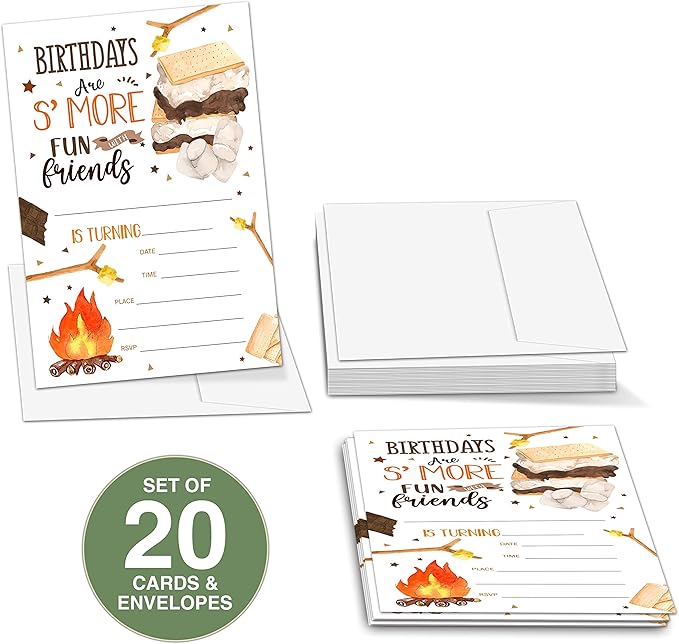 S'mores Birthday Party Invitations for Boys or Girls, S'more Bonfire Birthday Parties Supplies Decorations, Backyard Camping Theme Fill-in Invites, 4" x 6" Double-sided Cards(20 Invitations and