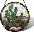 Stained Glass Window Hanging,Green Cactus Purple Flowers Suncatcher Diamond Glass Panel Sun Catchers Decor for Birthday for Women, Men, Wife, Aunt, and Mom 11.8x11.8 in