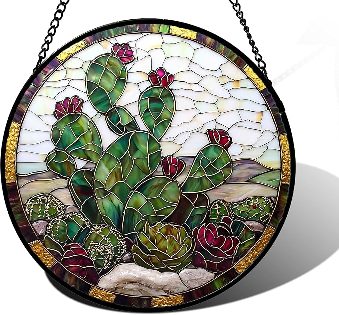 Stained Glass Window Hanging,Green Cactus Purple Flowers Suncatcher Diamond Glass Panel Sun Catchers Decor for Birthday for Women, Men, Wife, Aunt, and Mom 6.3 in