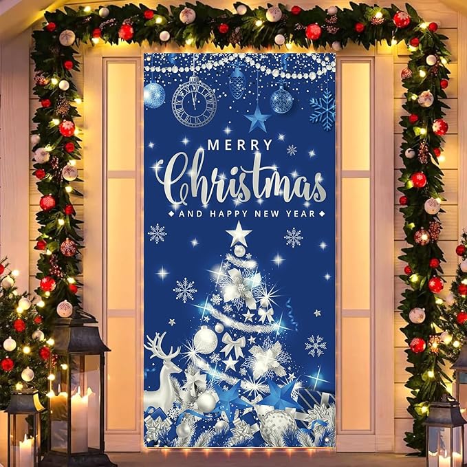 Christmas Party Decorations Large Size Merry Christmas and Happy New Year Door Banner for Xmas Party Decorations, 71x35 Inches (Blue Silver)