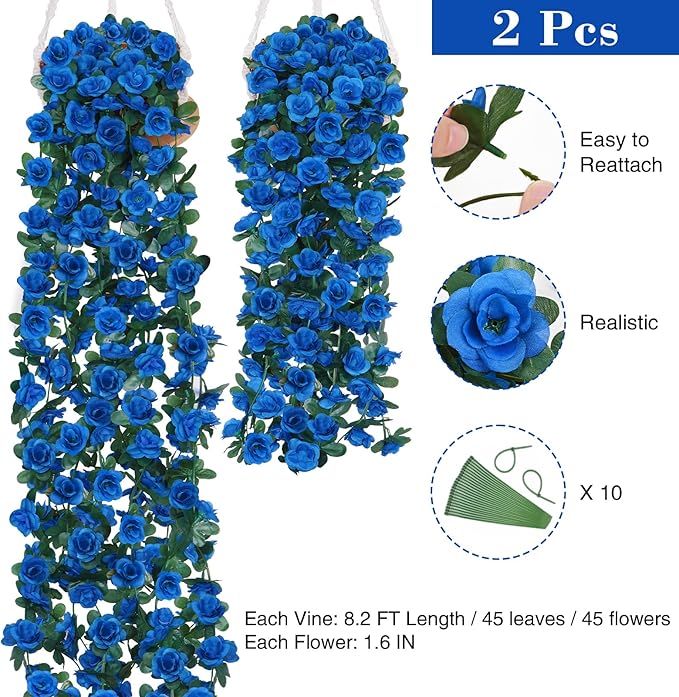 BLEUM CADE 2Pcs 16.4Ft Flower Garland Artificial Rose Vines for Bedroom, Cute Fake Hanging Flower Vines Floral Garland Decorations for Wedding Party Wall Room Decor Aesthetic