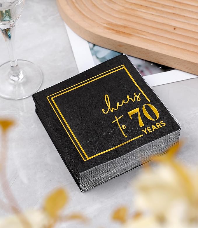 Cheers to Years Cocktail Napkins - 50 PK - 3-Ply Birthday Napkins 5x5 Inches Disposable Party Napkins Beverage Paper Napkins or Birthday Decorations Wedding Anniversary Black and Gold (70 Years)