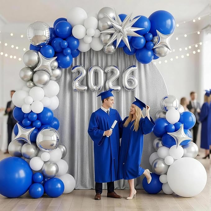 Blue Silver White Balloons Arch Kit, Blue White Balloon Arch with 4D Silver Star Graduation 2026 Foil Balloon Banner, Royal Metallic Balloons for Class of 2026 Graduation Decoration Birthday Party