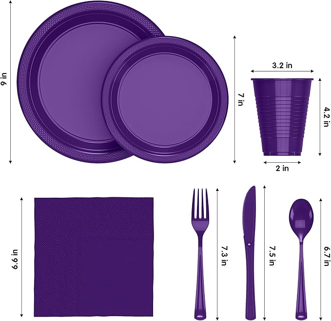 350 Pcs Purple Plastic Plates For Party, Purple Disposable Plates Set, 50 Of Each 9" Dinner Plate Set, 7" Dessert Plate, Cups, Napkins & Cutlery Plastic Dinnerware Set Exquisite