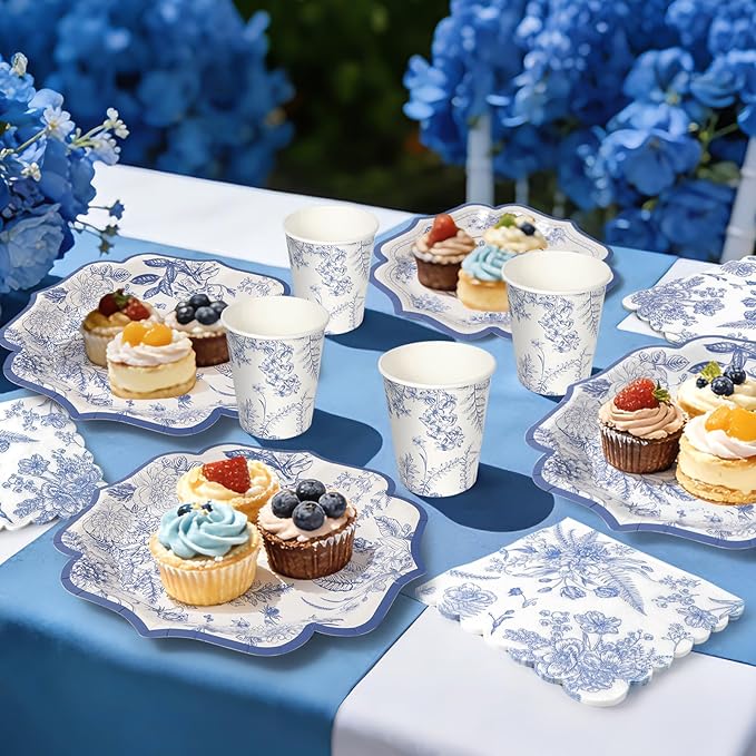 96pcs Blue and White Floral Paper Plates - Blue Flower Party Plates, Cups and Napkins Serve for 24 Baby Shower Spring Garden Birthday Wedding Tea Party Supplies Decorations