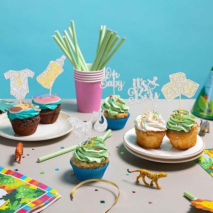 Gyufise 24Pcs Oh Baby Cupcake Toppers Glitter It's a Boy Cupcake Picks Tie Onesie Baby Bottle Baby Shower Cake Decorations for Gender Reveal Baby Shower Kids Boys Birthday Party Supplies Silver