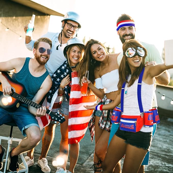 Sweetude America Fanny Pack USA 4th of July Patriotic Beverage Beer Belt Costume Set Outfit Accessories with Drink Holder Sunglasses Striped Sweatband Men