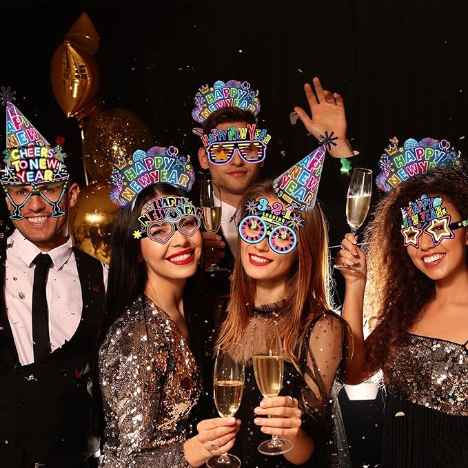 HOWAF 36 Pcs Glitter New Year's Eve Party Supplies Kit, 2026 Happy New Year Eve Shiny Firework Party Supplies-New Year Headband Eyeglasses New Year Top Hats New Year Fringed Noisemaker