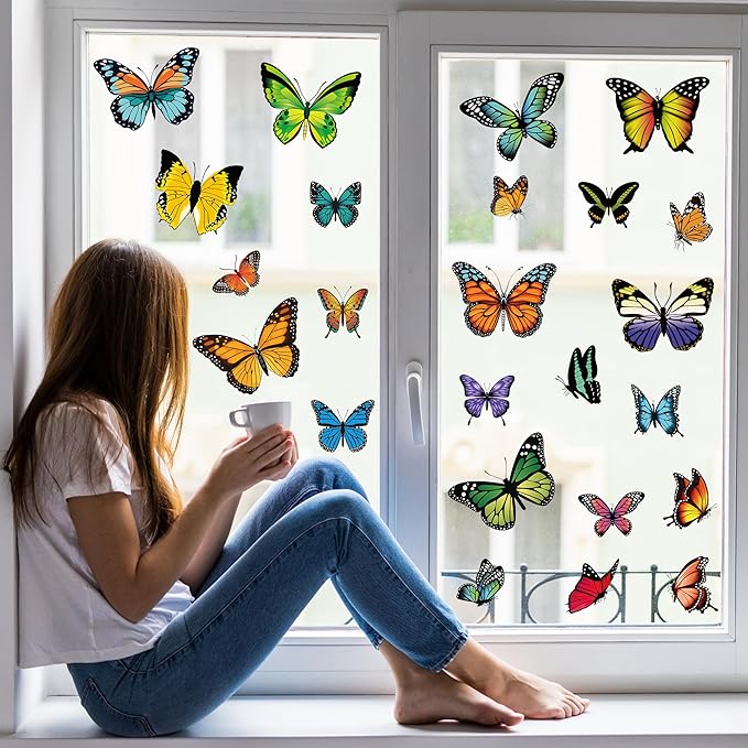 79PCS Colorful Butterfly Window Clings, Butterfly Decorations, Double Sided Window Decals to Prevent Bird Strikes, Multi Patterns Colors Butters Stickers for Home Decor Glass Door