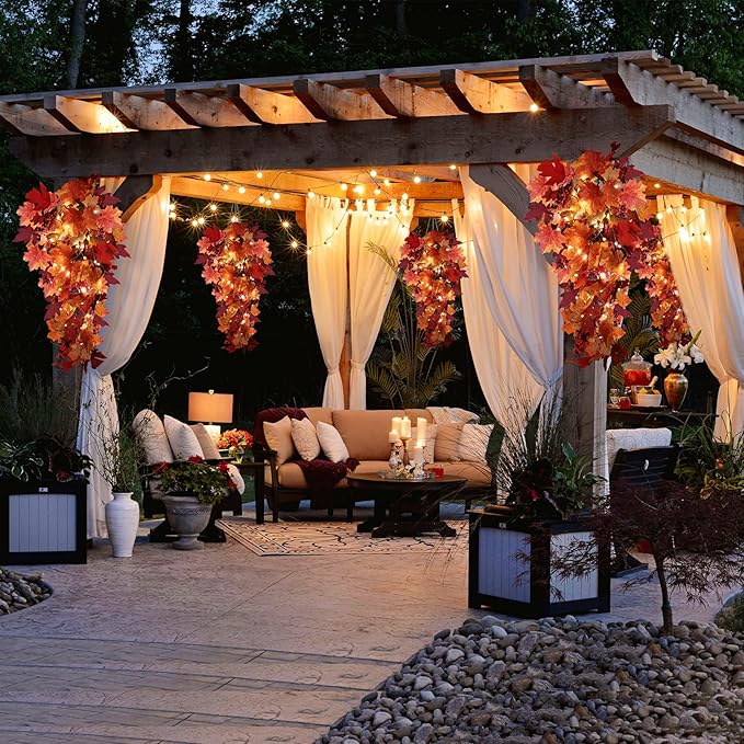 Halloween Garland Decor Indoor Table Decorations Fall Wall Hanging Artificial Black Maple Leaf Vine Decorations for Home (2 Pcs Fall Light, Set with Light)