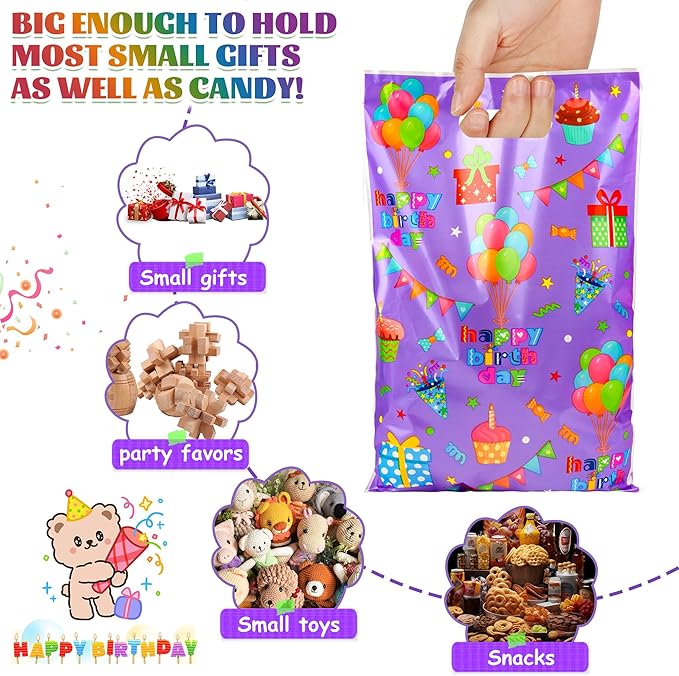 ZYLOP Birthday Party Favor Bags 50 Pcs - Plastic Happy Birthday Goodie Loot Gift Bags for Kids Girls & Boys Birthdays Party Supplies, Packaging Candy Treat Toys and Party Favors (6.5 x 9.8 Inches)