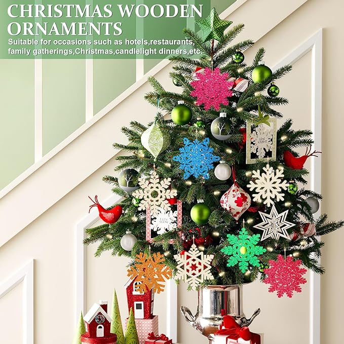 36PCS Wooden Christmas Decoration Snowflake Ornaments to Paint Christmas Ornaments for Tree Crafts Cutouts Unfinished, DIY Blank Fall Unfinished Snowflakes Ornament for Home Hanging