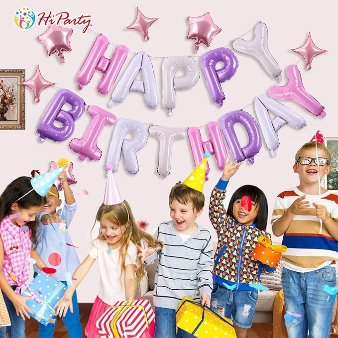 Birthday Banner, 3D Mylar Foil Happy Birthday Balloons, 24pcs Birthday Party Decorations with 6pcs Star Balloons for Kids Girls Women Adults Ecofriendly Party Supplies, Pantone