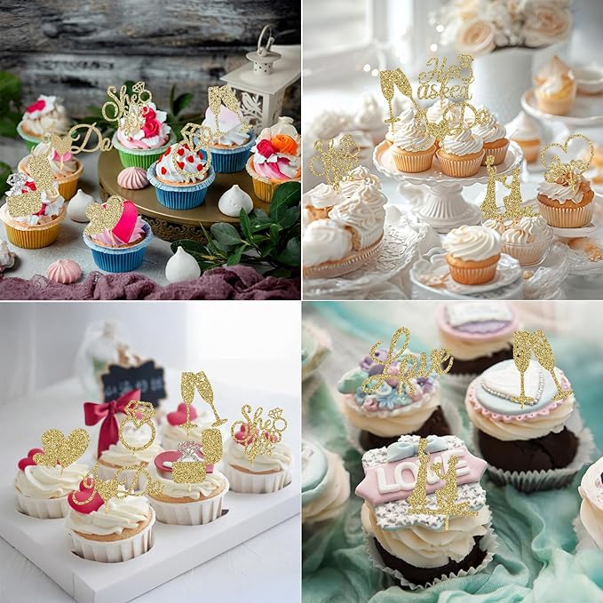 60 Pcs He Asked She Said Yes Cupcake Toppers,Engagement Cupcake Toppers Glitter Diamond Ring Heart Love I Do Cupcake Picks for Engagement Wedding Party Cake Decorations,Gold