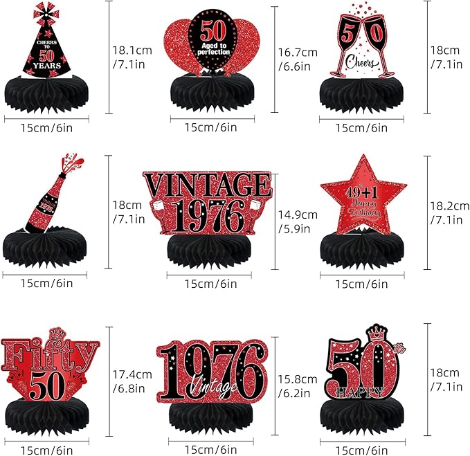 9Pcs 50th Birthday Decorations Red and Black 50th Birthday Party Decorations for Women,Happy 50 Years Vintage 1976 Aged Honeycomb Centerpieces Table Sign Decor Supplies