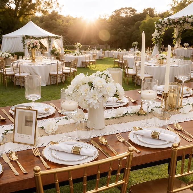 350Piece Gold Dinnerware Set for 50 Guests - Gold Plastic Plates with Disposable Cutlery Include:50Dinner Plates-50Dessert Plates-50Pre Rolled Napkins with Silverware for Wedding