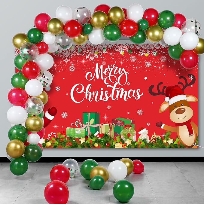 Christmas Party Decorations Set Includes Christmas Santa Claus Snowflakes Backdrop Table Covers Multi Color Balloons Foil Santa Claus and Deer Balloons for Xmas Party Supplies Favors (Classic Style)
