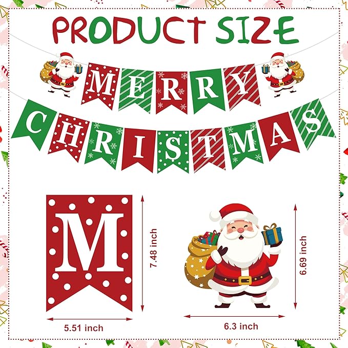 Merry Christmas Party Decorations Pre-strung Merry Christmas Banner with Hanging Swirls Red Green Santa Claus Snowman Hanging Ceiling Swirl for Xmas Holiday Party Home Decor