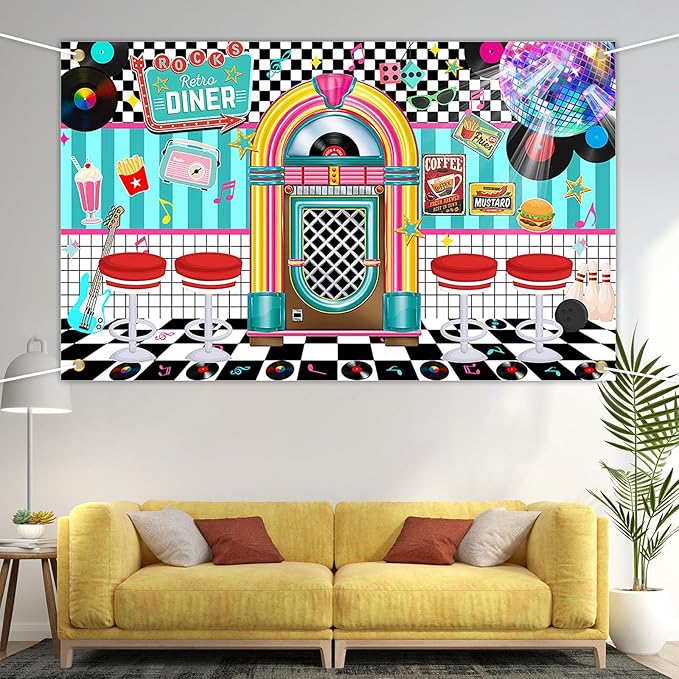 Avezano 50s Retro Diner Party Backdrop 50s Retro Rock and Roll Diner Classic Decoration Banner 1950s Sock Hop Party Decor 70.8 x 43.3 Inch