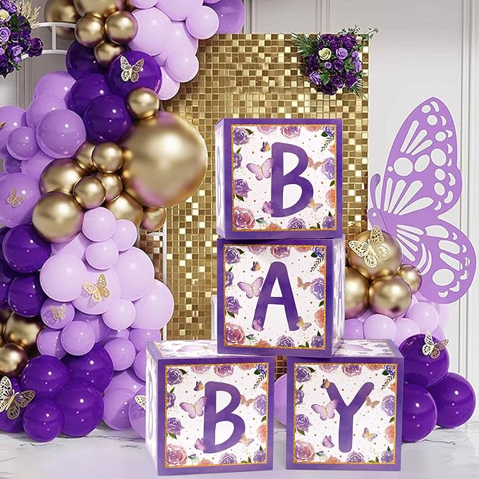 Baby Boxes with Letters for Baby Shower, 4pcs Butterfly Balloon Boxes with Letters for Gender Reveal Birthday Wedding Baby Shower Decorations(Purple)