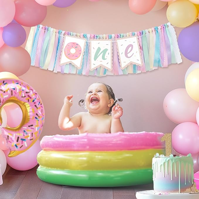 Donut Highchair Banner 1st Birthday Girl Sweet One Birthday Party Decorations Rainbow High Chair Banner Photo Background