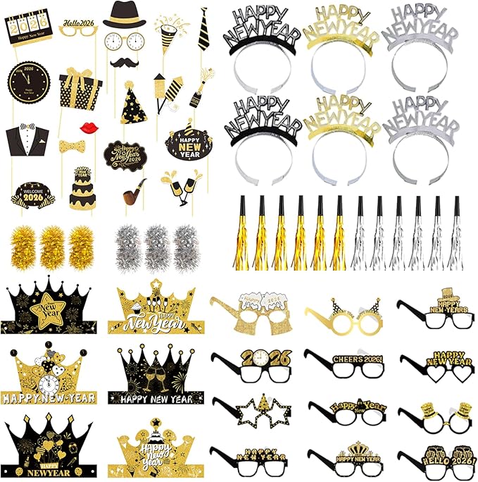 New Years Eve Party Supplies 2026 – 63 PCS Celebration Kit with Headbands, Crown Hats, Glasses, Noise Makers, Photo Booth Props & Wristbands – Gold Silver Happy New Year Decorations