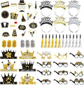 New Years Eve Party Supplies 2026 – 63 PCS Celebration Kit with Headbands, Crown Hats, Glasses, Noise Makers, Photo Booth Props & Wristbands – Gold Silver Happy New Year Decorations