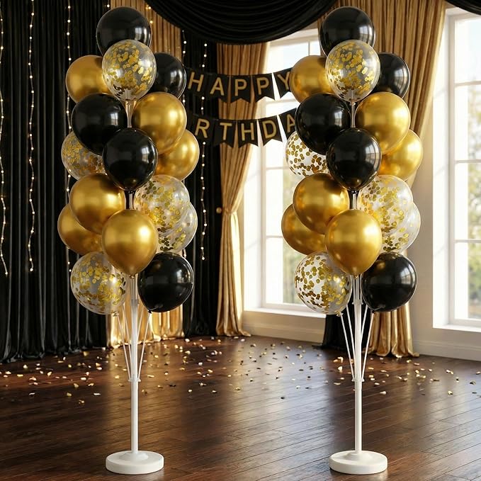 Balloon Column Kit Set of 2 With Confetti Balloons Included - with Base, and Pole,Balloon Tower Backdrop Decoration for Wedding, Baby Shower, Birthday Party, or Bachelorette Parties (Black Gold)