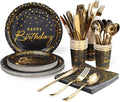175PCS Happy Birthday Disposable Dinnerware Set Party Supplies, Paper Black Gold Plates and Napkins with Gold Plastic Forks Knives Spoons Serve 25 Guests for Birthday Party Decoration