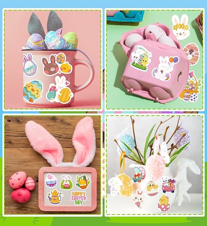 100PCS Easter Stickers, Cute Bunny, Eggs & Spring Crafts, Perfect Easter Basket Stuffers, Party Favors & DIY Craft Supplies, Durable, Reusable Easters Decorations