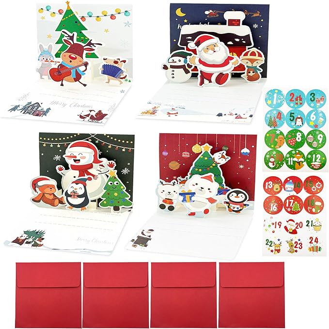 4 Christmas Cards Pack Small Pop Up Christmas Gift Cards with 24 Envelopes Stickers,3D Cute Holiday Greeting Card Santa Snowman,can be given to friends, family, children, boys and girls (baise)