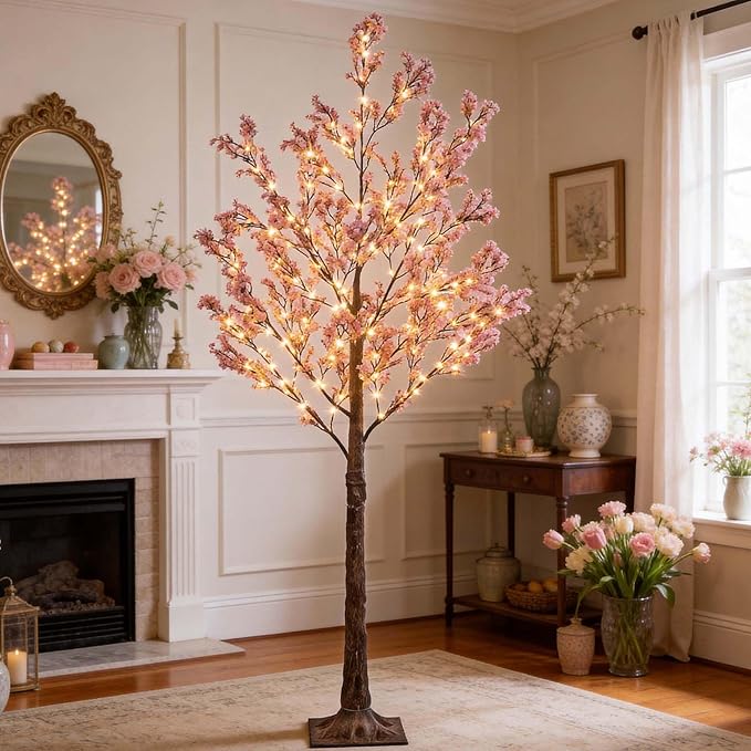 LIGHTSHARE 6FT Lighted Cherry Blossom Tree with 171 LED Warm White Lights, Artificial Sakura Tree with Dimmable Timer Transformer, Indoor Outdoor Decorative Tree with Ground Stakes