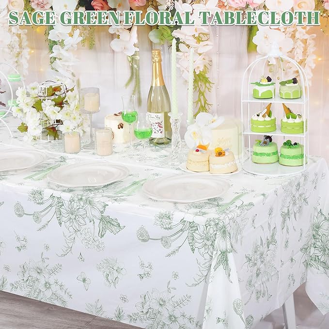 3 Pack Sage Green Floral Plastic Tablecloths, 54 X 108Inch Tea Party Tablecloth Disposable Table Cloths Green and White Porcelain Tables Decor for Mother's Day Birthday Garden Wedding Tea Party